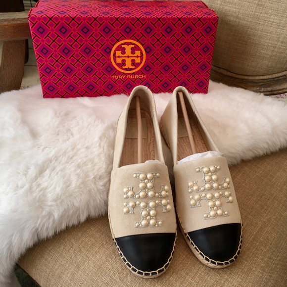 Tory Burch Shoes - Tory Burch Dulce De Leche Pearl Logo Flat Espadrille Shoes